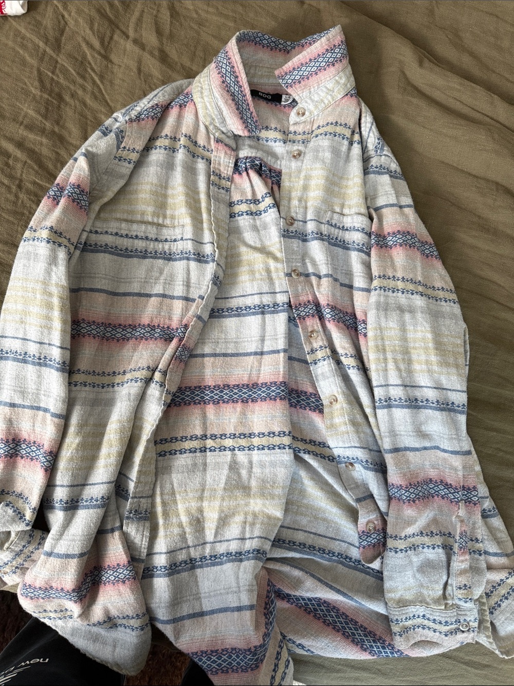 BDG Striped Button-Up Shirt in Cream, Pink & Blue
